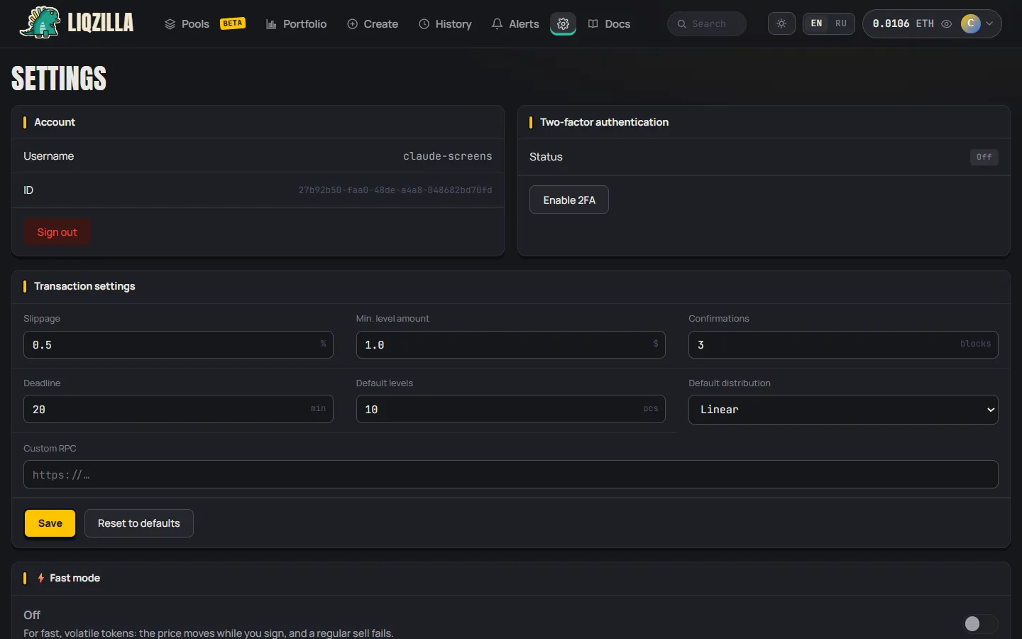 Settings screen: slippage, transaction deadline, default levels and two-factor protection