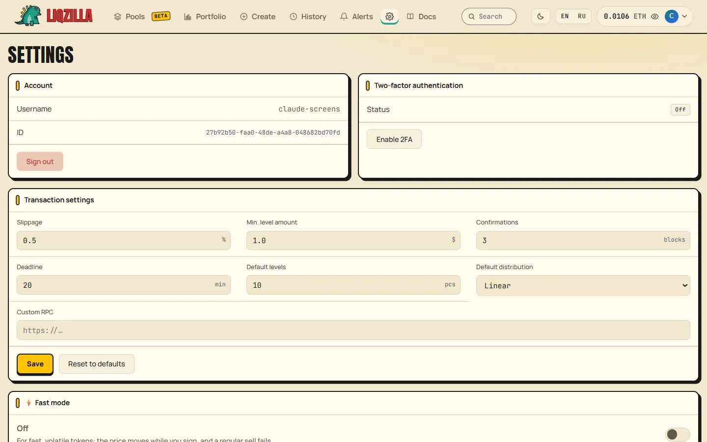 Settings screen: slippage, transaction deadline, default levels and two-factor protection